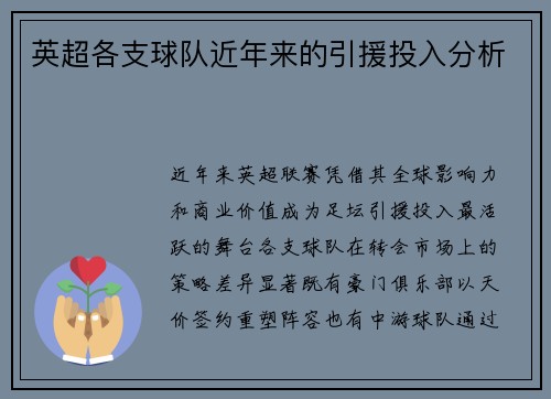 英超各支球队近年来的引援投入分析